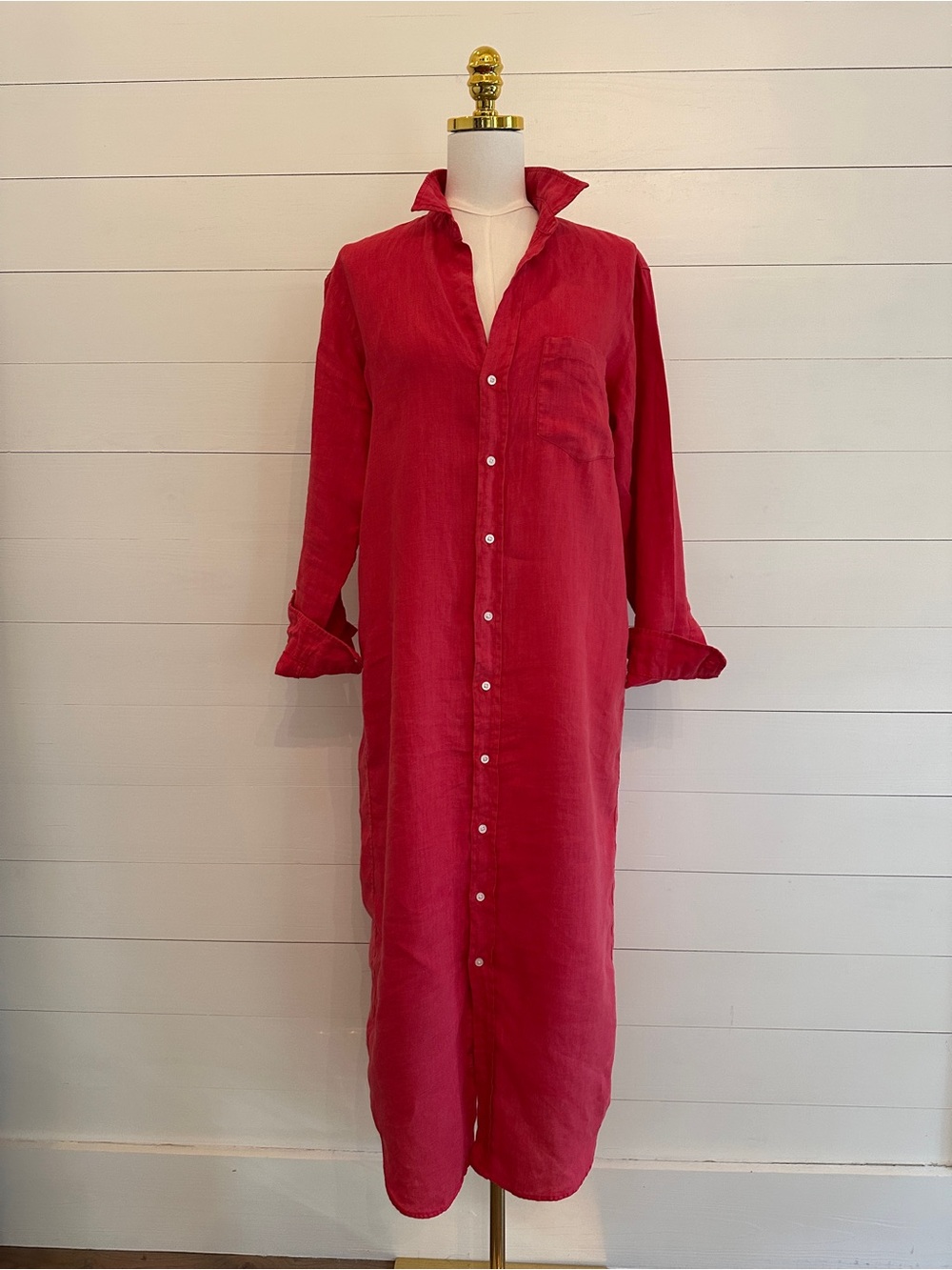 Frank & Elieen Rory Red Button-Front Washed Linen Maxi Shirt Dress